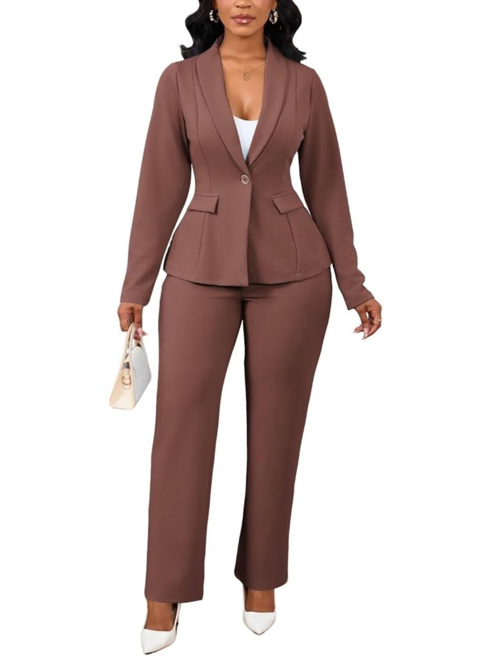 Women's Brown 2 Piece Pant Suits Dressy Blazer Straight Leg Set Formal Outfits